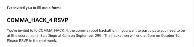 Comma AI Hackathon Invite Email